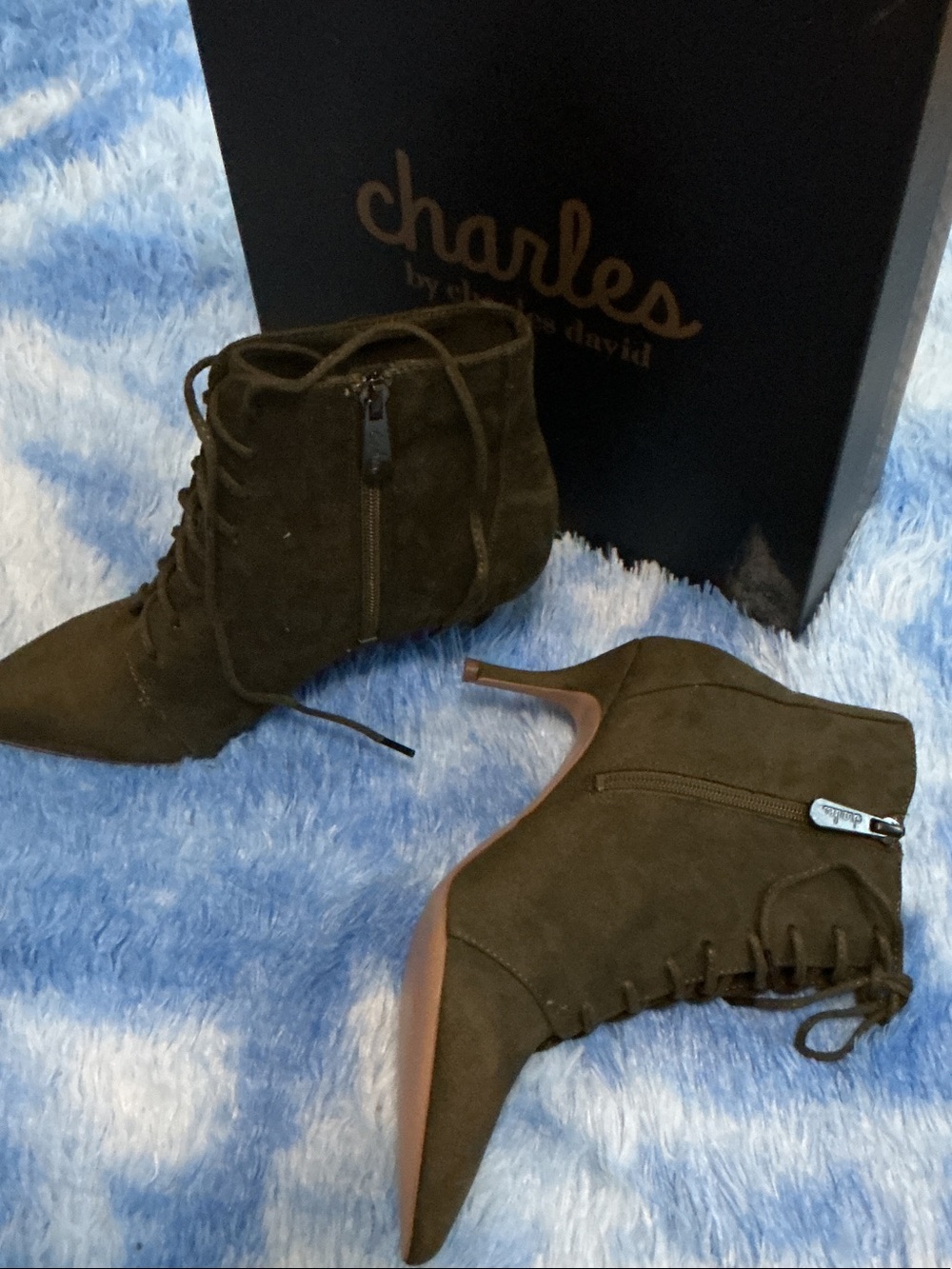 Charles by Charles David Olive Brown Suede Pointed Toe Lace-Up Ankle Boots